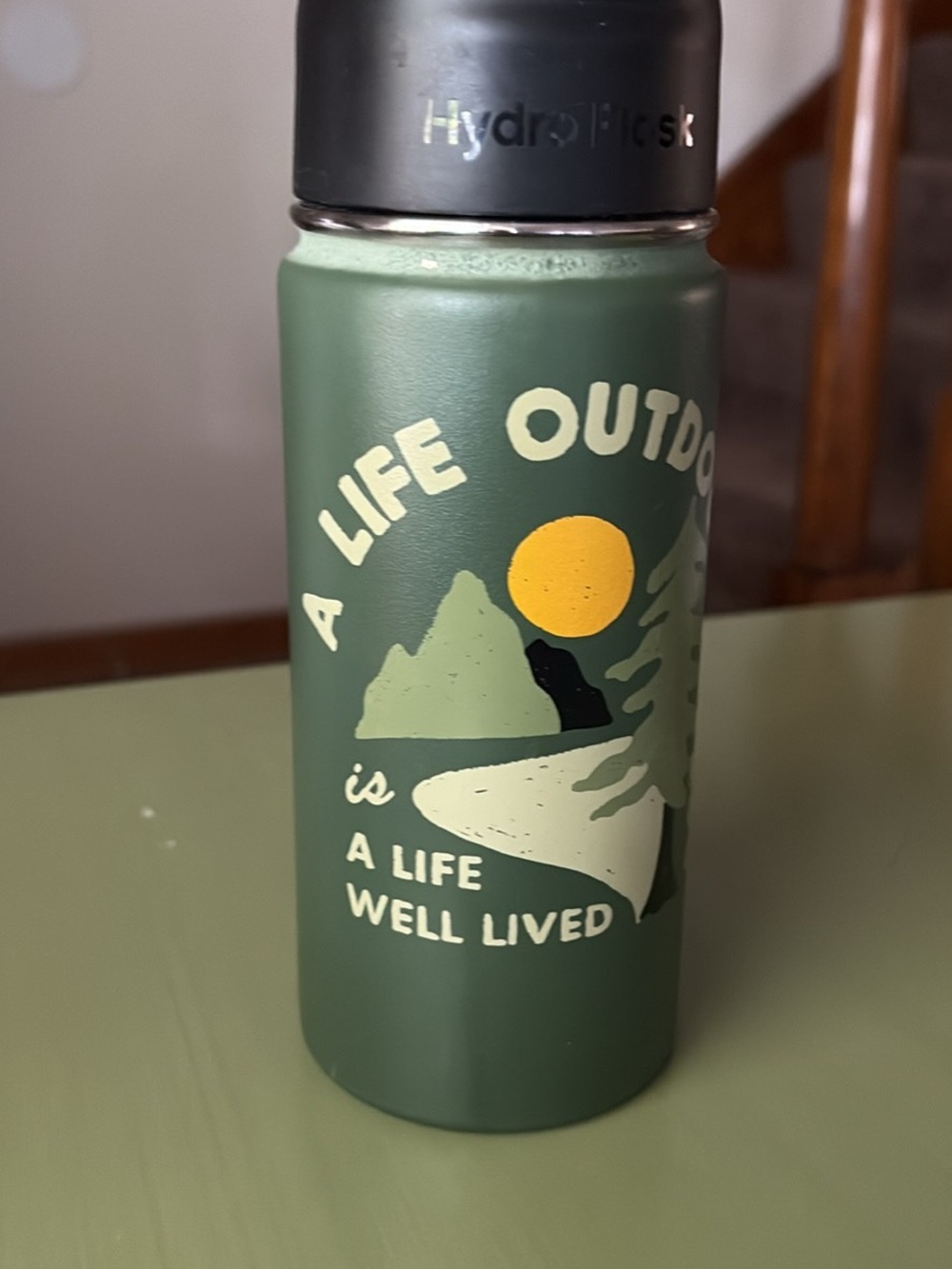 REI Hydro Flask Green Outdoor Graphic Insulated Bottle with Yellow Sun